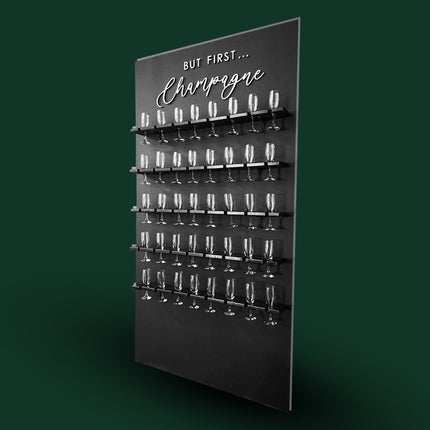Black champagne display stand with multiple tiers for product presentation and event promotion in UAE