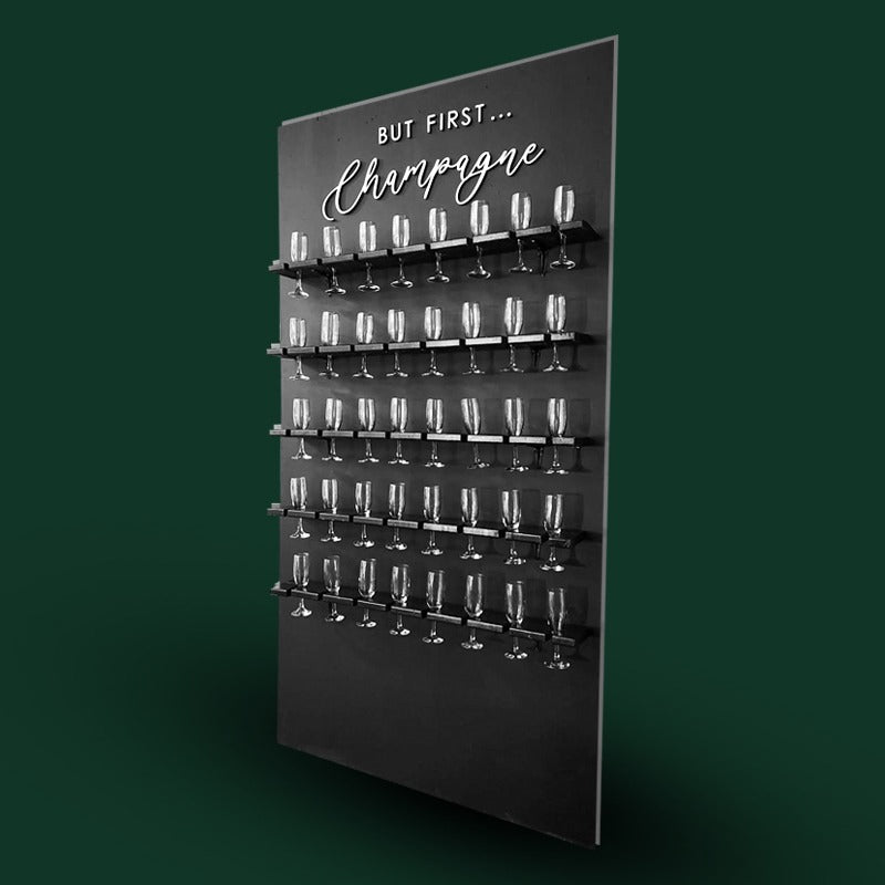 Black champagne display stand with multiple tiers for product presentation and event promotion in UAE
