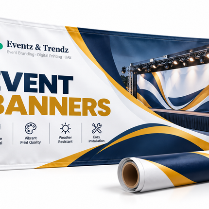 Event banner printing with branded stage backdrop for event promotion in UAE