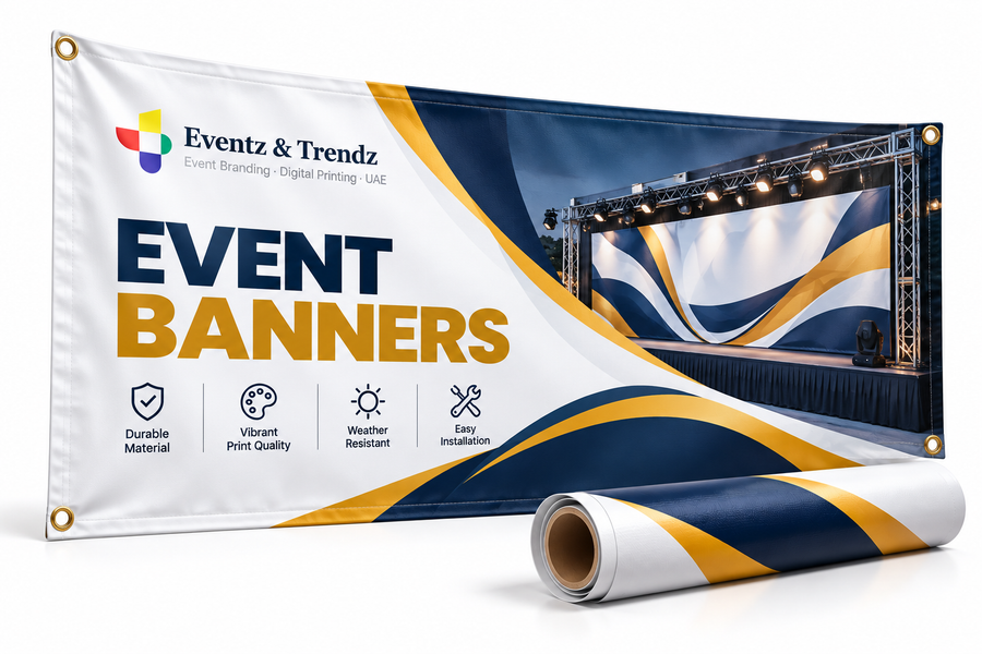 Event banner printing with branded stage backdrop for event promotion in UAE