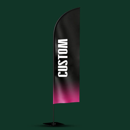 Black and pink feather flag banner with display stand for outdoor advertising, events and business promotions in UAE