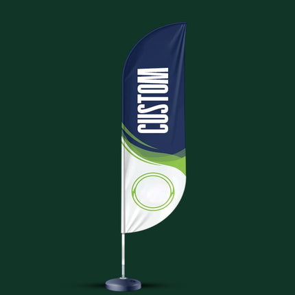 Blue and green feather flag banner with stand for outdoor advertising and event promotion in UAE