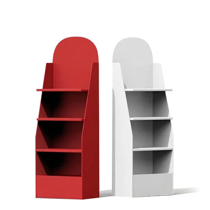 Red and white freestanding retail display stands for product presentation and in-store promotion in UAE