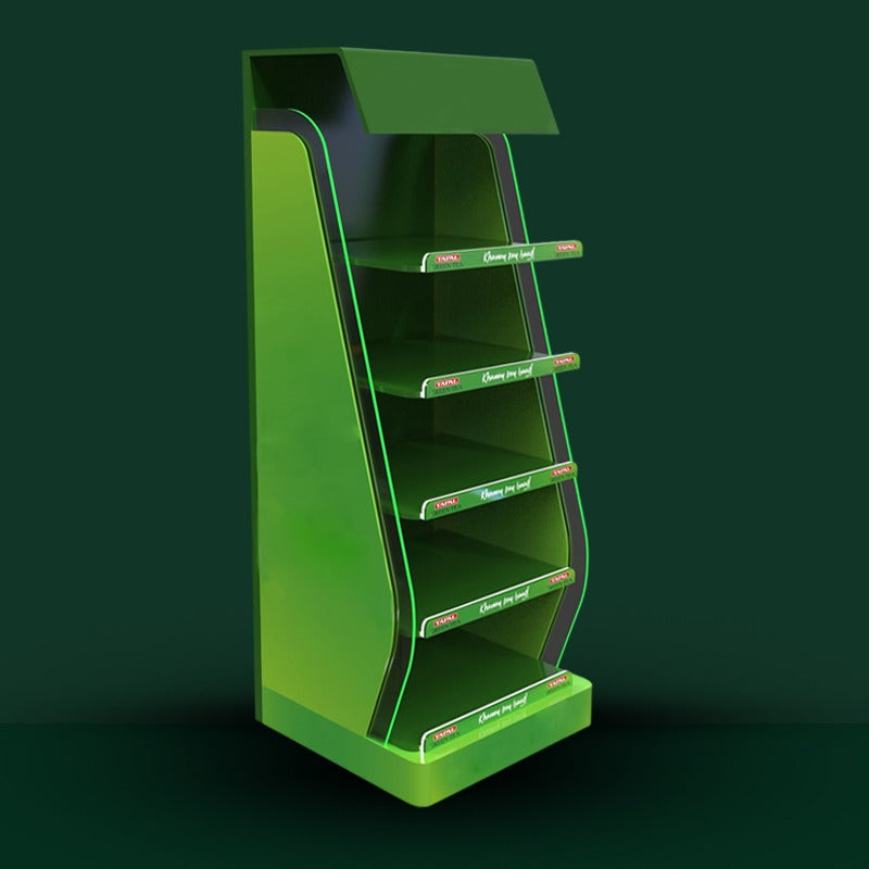 Green retail display stand for product promotion and in-store branding